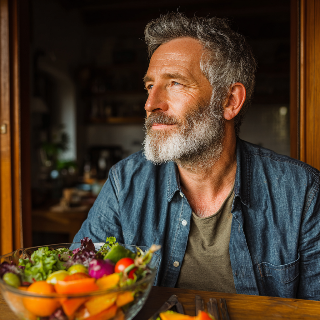 Mature man in his mid-40s with gray beard wearing a casual button-down shirt, sitting at a wooden kitchen table with a colorful salad bowl and fresh fruits, looking content while eating healthy food, natural lighting from window